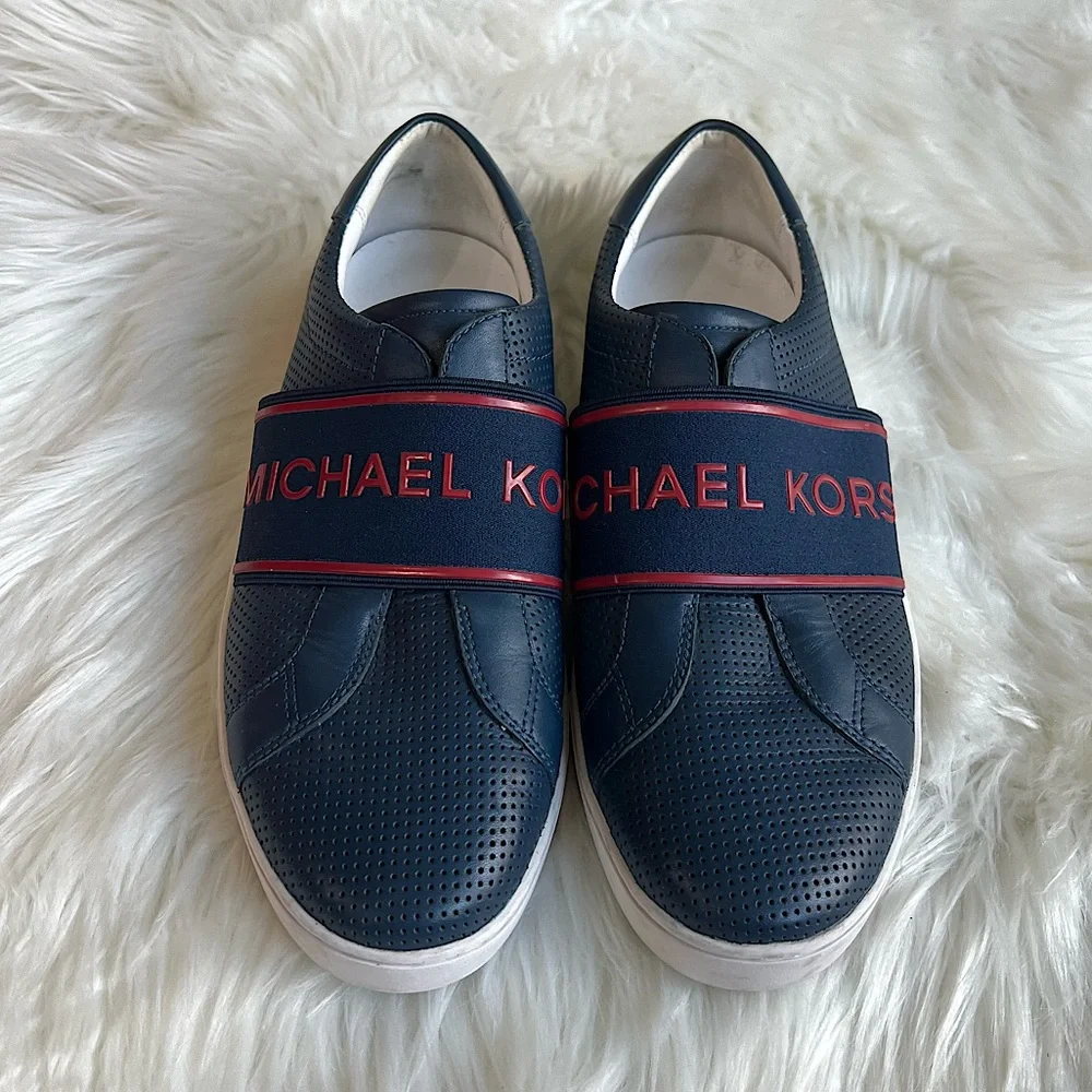 Michael Kors men’s size 7.5 navy dark blue and red leather slip on loafers